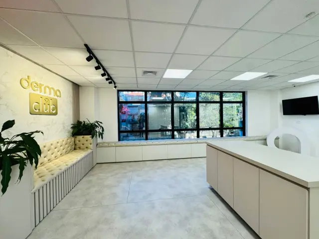 Canto Derma Club do lounge com sofá capitonê, plantas, televisão e janelas amplas